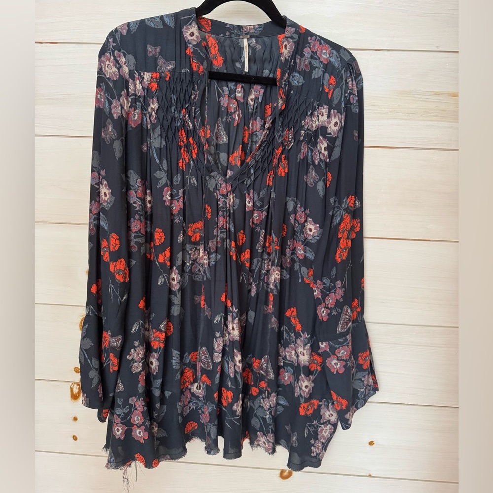 Free People Floral Blouse in Navy and Red